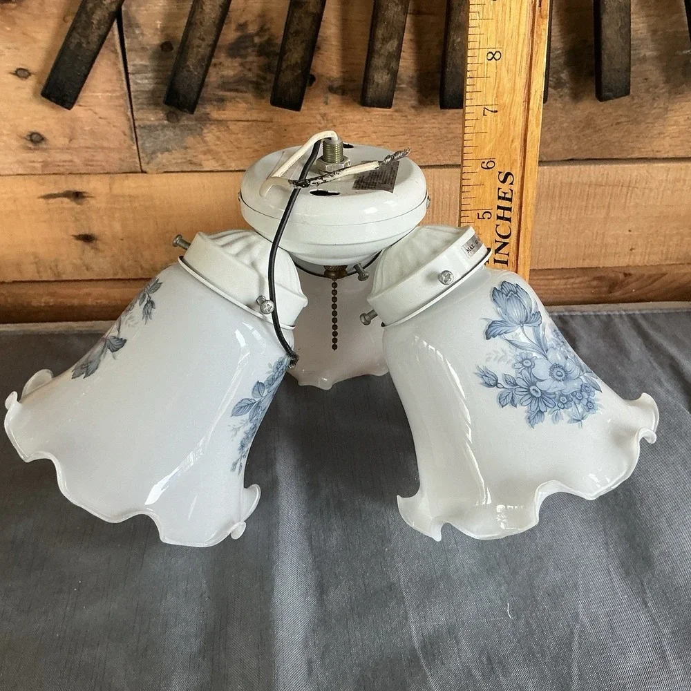 VTG White Milk Glass 3 Scalloped Shades For Ceiling Fan With Delft Flowers - Picture 7 of 7